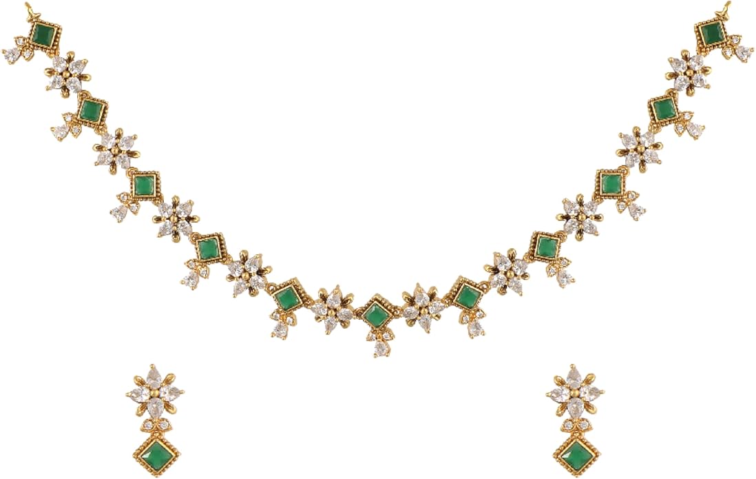 TARINIKA Green and White Cubic Zirconia(CZ) Indian Necklace Set with Earrings, Gold Plated Brass Fashion Indian Jewelry Gift for Women Bollywood Costume Jewellery
