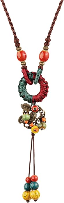 MINACHI Boho Hippie Colorful Ceramic Beads Strand O Ring Circle Charm Long Y Necklace, Vintage Bohemian Statement Jewelry Gift for Women