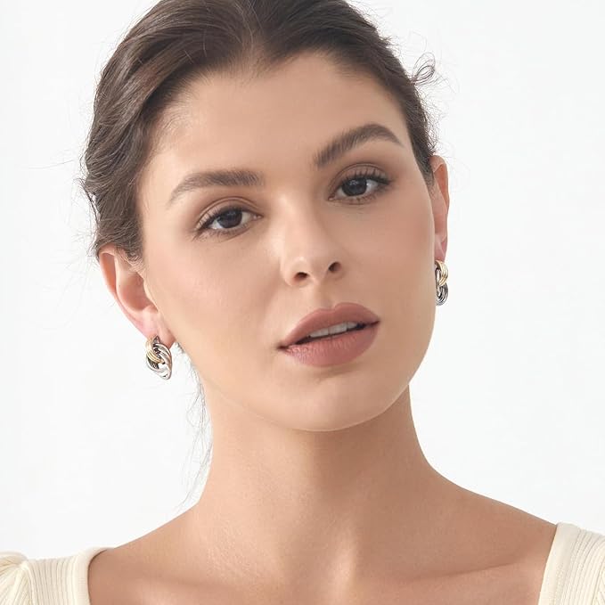 Knot Link Earrings Chunky, Circle Drop Dangle Statement Studs for Women, Silver and Yellow