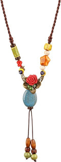 MINACHI Vintage Bohemian Hippie Ceramic Beads Crescent Moon Lariat Necklace, Boho Hippie Statement Jewelry Gift for Women