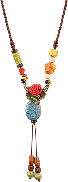 MINACHI Vintage Bohemian Hippie Ceramic Beads Crescent Moon Lariat Necklace, Boho Hippie Statement Jewelry Gift for Women