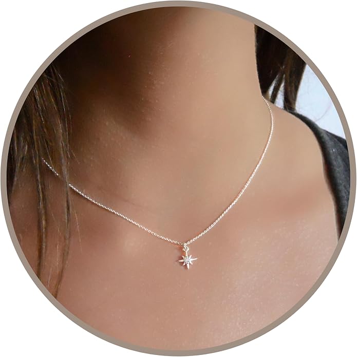Annika Bella Sterling Silver Star Necklace for Women, Length 15-17 Inches, Tiny Cubic Zirconia North-Star Charm Pendant Necklace, Waterproof, Celestial Jewelry Gift for Her