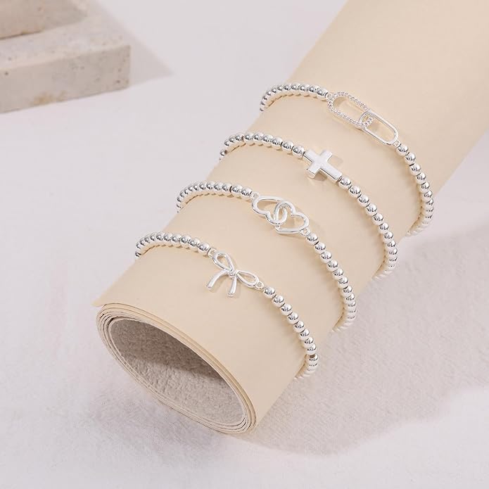 Valentines Day Gifts for Women Her - Beaded Stretch Handmade Ball Bracelets Cute Charm Bracelet Dainty Stackable Cross Heart Bow Wave CZ Jewelry Gifts Trendy Stuff