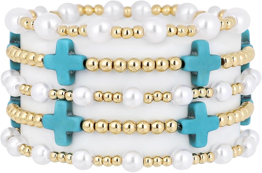 Gold Plated Beaded Bracelets for Women Trendy, 14K Gold Plated Stack Cross Pearl Gold Plated Bead Stretch Bracelets Set Elastic Hypoallergenic Bracelets Jewelry Gifts