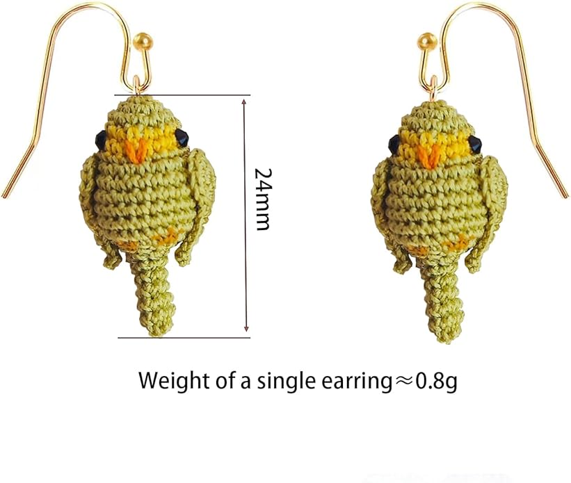 Hand-crocheted yellow and blue parrot earrings, miniature crocheted artistic cute playful parrot gifts accessories