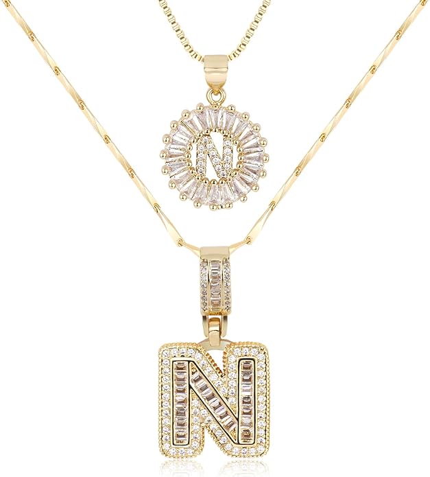 Letter Necklace 14k Gold Plated Bling Dainty Necklaces Trendy Chunky Custom Name Necklace Personalized Round Circle Pendant Zirconia Letters Name Crystal Jewelry Gifts for Women