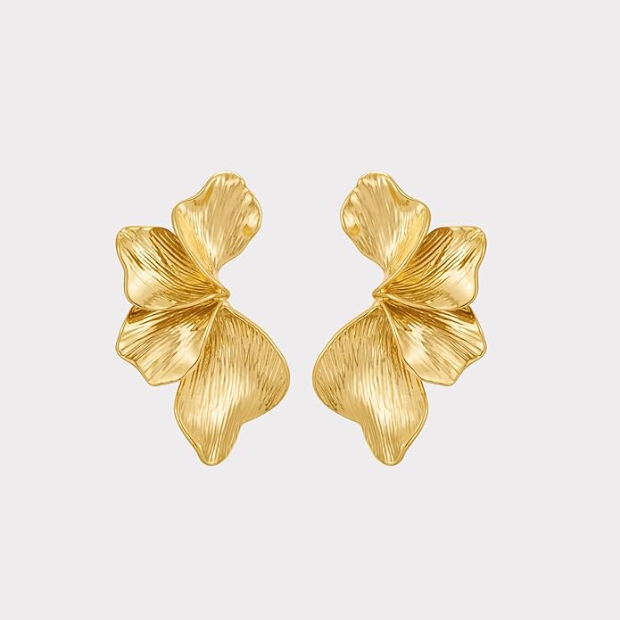 Chunky Gold Statement Earrings For Women Gold Plated Sectored Flower Leaf Shell Angel Wing Earrings Trendy Boho Jewelry For Women Large Stud Earrings Hypoallergenic Earrings