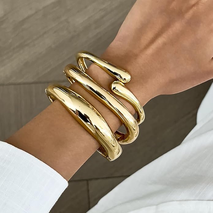 2/3/6pcs Chunky Gold Bangle Cuff Bracelets for Women, Dainty 14K Gold Plated Stackable Bangles Bracelet Set Jewelry Gift