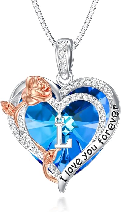 PELOVNY Rose Heart Initial Necklaces for Women S925 Sterling Silver Alphabet Letter Crystal Necklace Initial Pendant Jewelry Gifts for Mom Daughter Wife