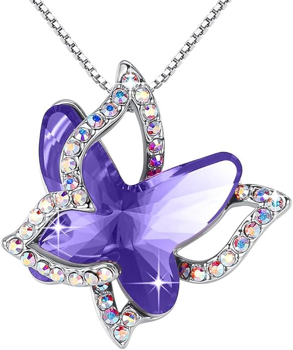 Valentine's Day Gift Butterfly Birthstone Crystal Necklace, Silver Tone with 18”+2” Chain, Necklace for Mother’s Day Anniversary Birthday Gifts for Women and Daughter
