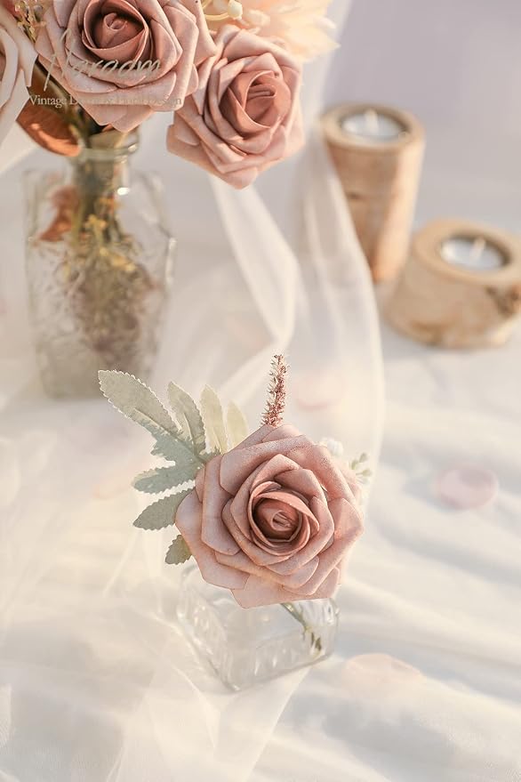 Artificial Flowers 25pcs Real Looking Warm Taupe & Nude Foam Fake Roses - Image 4