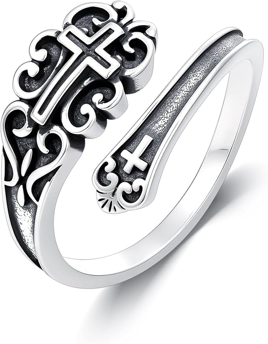 PELOVNY Spoon Rings for Women 925 Sterling Silver Vintage Cross Tree of Life Turquoise Adjustable Thumb Rings Jewelry Gifts for Women Men