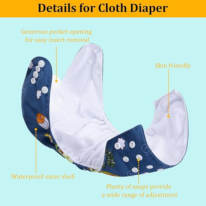 babygoal Reusable Cloth Diapers 6 Pack+6pcs Microfiber Inserts+4pcs Rayon from Bamboo Inserts, One Size Adjustable Washable Pocket Nappy Covers for Baby Boys,Rash-Free