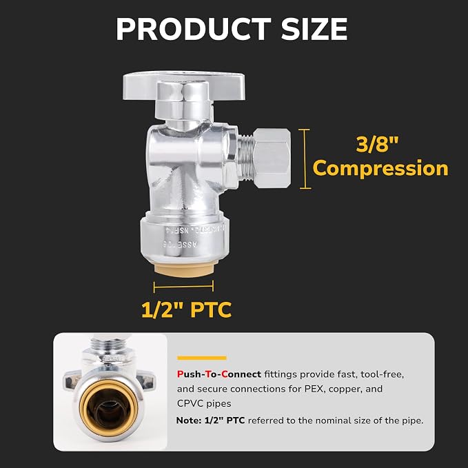 12 Pack Angle Stop Valve, 1/2" PTC x 3/8" OD Compression, Toilet Water Shut Off - Image 2