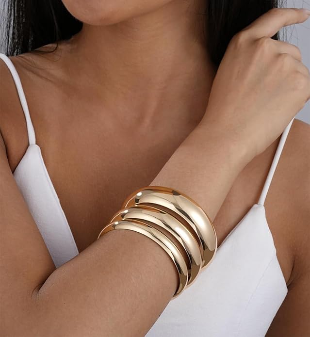 Chunky Gold Bangle Bracelets for Women, Dainty 14k Gold Plated Big Stackable Bangles Set, Trendy Statement Cuff Bracelet Stack Fashion Jewelry Christmas Gifts