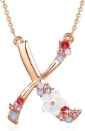 Flower Initial Letter Necklace Pink Red Blue Simulated Pearl Pendant Name Jewelry Made with Austrian Crystals Rose Gold Plated Anniversary Birthday Gifts for Women,18"+2"