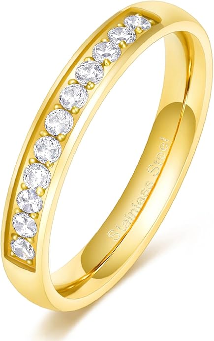 TIGRADE 3.5mm Engagement Ring Half Cubic Zirconia Stainless Steel Eternity Wedding Band for Women Size 3-12.5