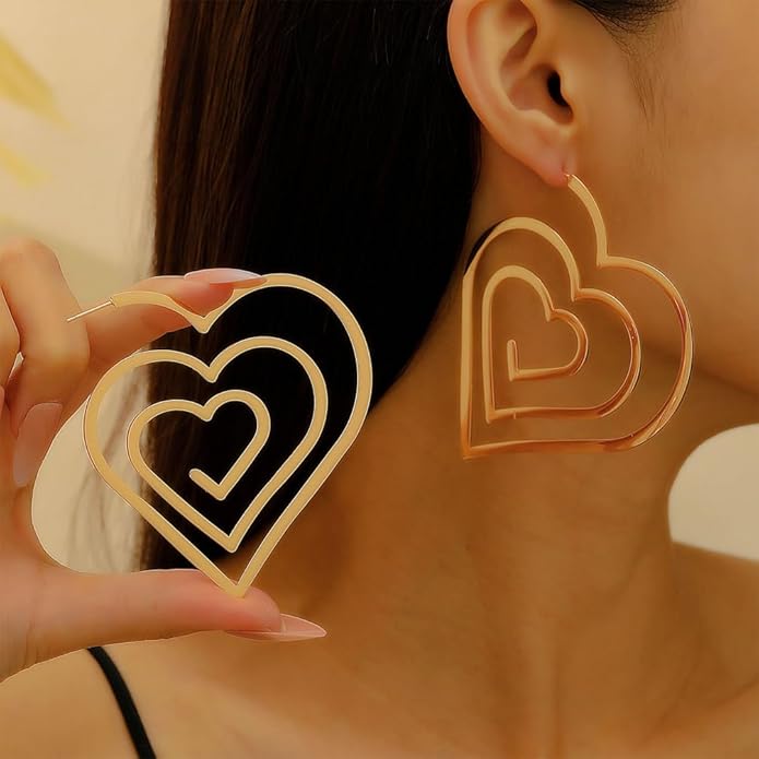 Trendy Large Gold Spiral Heart Stud Earring for Women, Statement Hollow Silver Big Love Hearts Y2k Earrings Bold Personalized Prom Party Jewelry Gifts