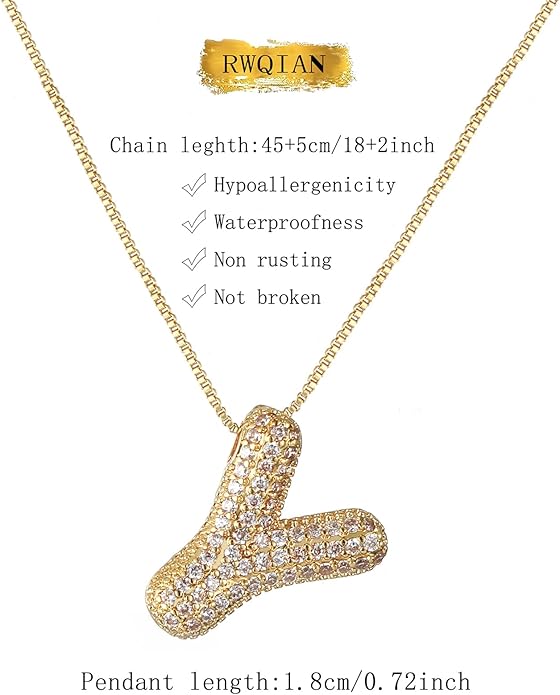 RWQIAN Letter Necklace for Women Bubble, Chunky Initial Alphabet A-Z Pendant Puffy Name Personalized Necklace Dainty Zircon CZ Fashion Jewelry Gifts for Girls Girlfriend