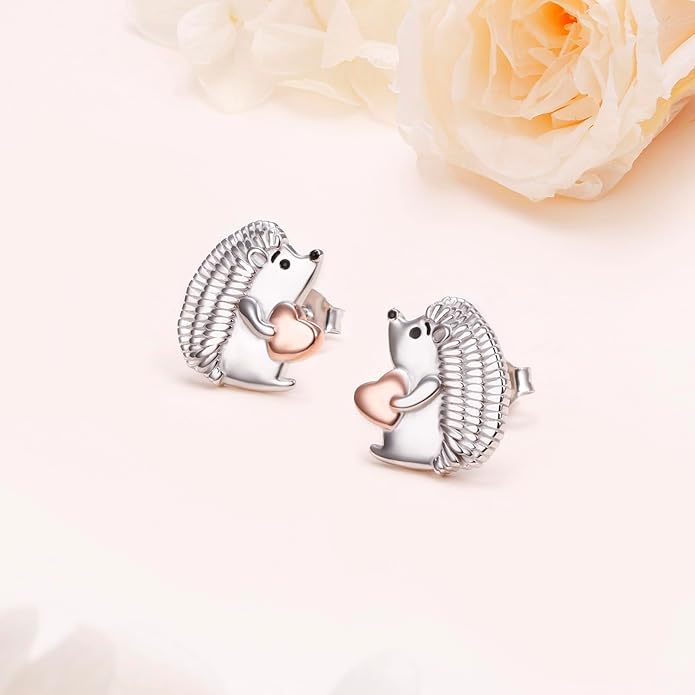 FLYOW 925 Sterling Silver Cute Animal Heart CZ Hedgehog Pendant Necklace and Stud Earrings Bracelet Set for Women Birthday Jewelry