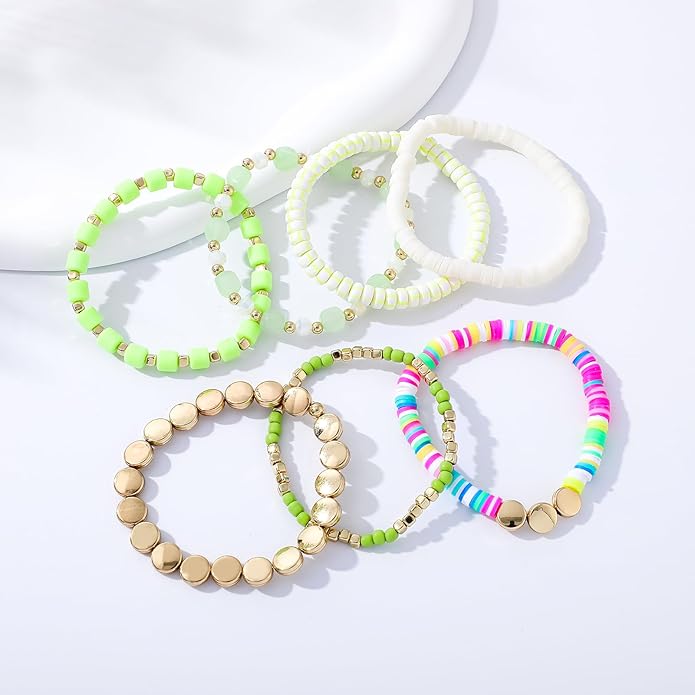 GOOJIDS Surfer Heishi Clay Bead Bracelets for Women Bohemian Stackable Gold Plated Beaded Stretch Bracelets Elastic Layering Friendship Bracelets Set Boho Jewelry