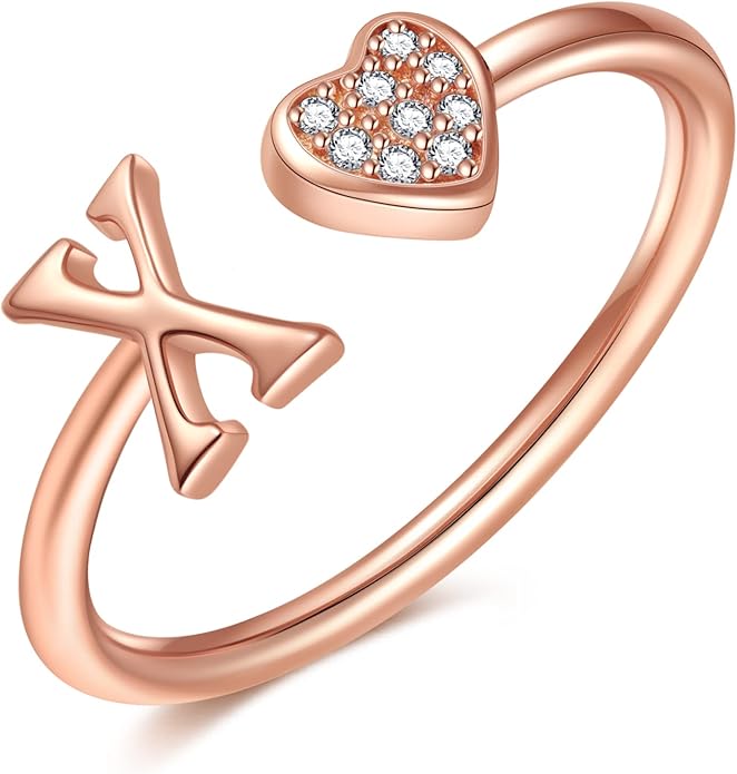 Valentines Day Gift Initial Rings for Teen Girls - S925 Heart Sterling Silver Rings for Teen Girls | 14K Gold/Rose Gold/Sterling Silver Plated Ring for Girls Kids Women Ring for Teenager Girls Gifts Adjustable, No Tarnish, Hypoallergenic