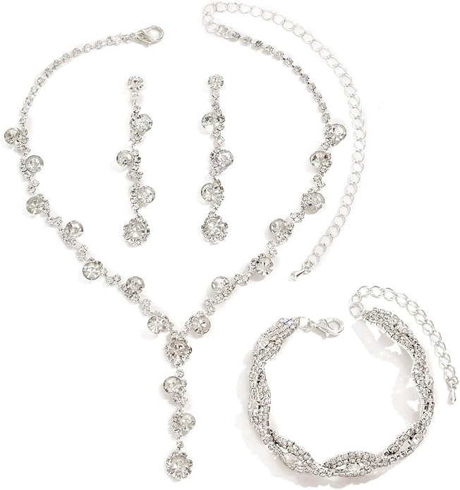 Silver Crystal Bridal Jewelry Set, Teardrop Dangle Earrings Rhinestone Necklace Bracelet for Bride Bridesmaid Crystal Bridal Wedding Party Jewelry Sets