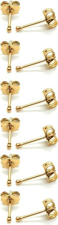 14K Gold Filled Polished Small CZ Pearl Ball Stud Earrings Set for Women Men 20G Surgical Steel Hypoallergenic Piercing Studs for Sensitive Ear, Pack of 6 Pairs