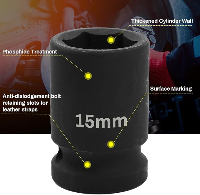 1/2" Drive 15mm Deep Impact Socket, 6 Point Chrome Molybdenum Steel Heavy Duty - Image 5