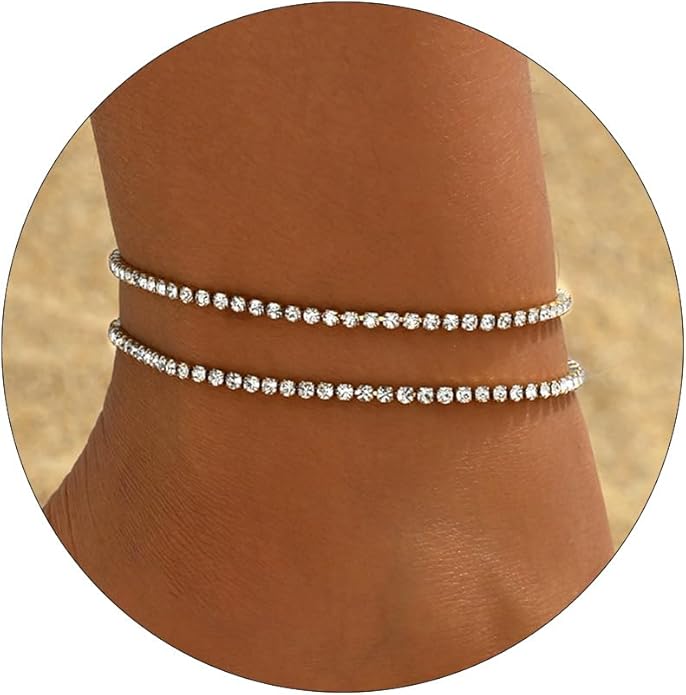 Anklet Bracelets for Women 18K Gold Plated Tennis Anklets Dainty Sapphire Paperclip Pearl Sequin Droplet Adjustable Large Anklet Bracelets Simple Beach Summer Waterproof Foot Jewelry