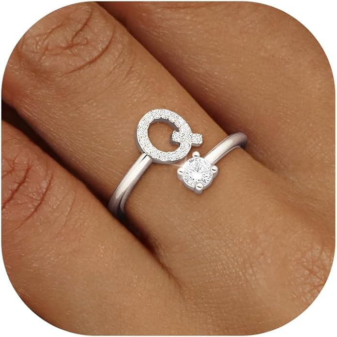 Valentines Day Gifts Gold Silver Initial Rings for Women Non Tarnish Dainty 14k Gold Plated Stackable Rings for Women Trendy Adjustable Letter Cubic Zirconia Pinky Ring Cute Open Birthday Gift Jewelry