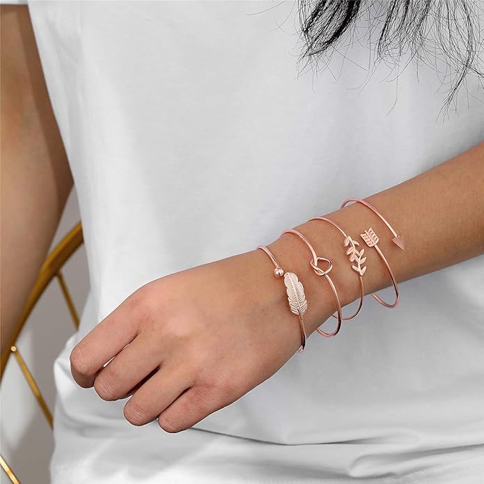 Starain 4Pcs Rose Gold Bracelets for Women Simple Leaf Arrow Feather Knot Heart Bangle Bracelet Adjustable Cuff Bracelet Set