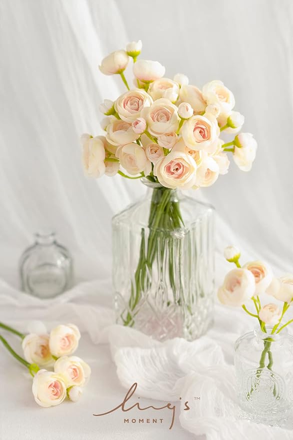 Ling's moment Fake Flowers Artificial Flower Faux Silk Ranunculus Peach | Silk - Image 2