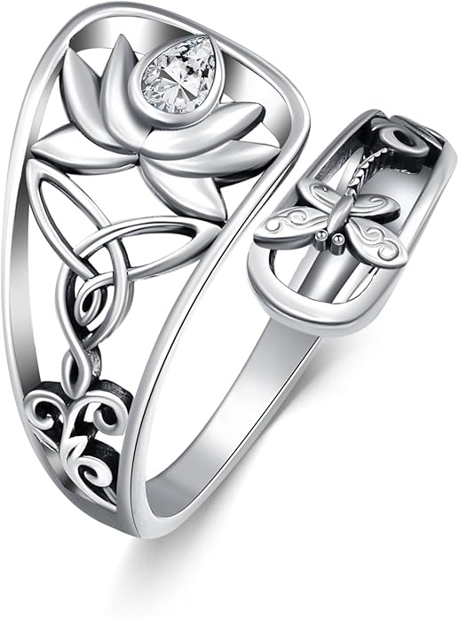 Midari Sun and Moon/Bee/Celtic/Life of Tree/Lotus Spoon Ring for Women 925 Sterling Silver Adjustable Ring Open Ring for Women Men Halloween Birthday Gift