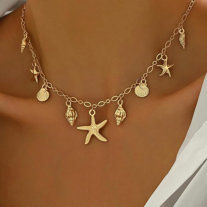 Shell Starfish Necklace for Women, 14k Gold Plated Boho Layered Beaded Charm Pendant Necklace, Dainty Adjustable Pearl Conch Summer Beach Vacation Jewelry Gifts