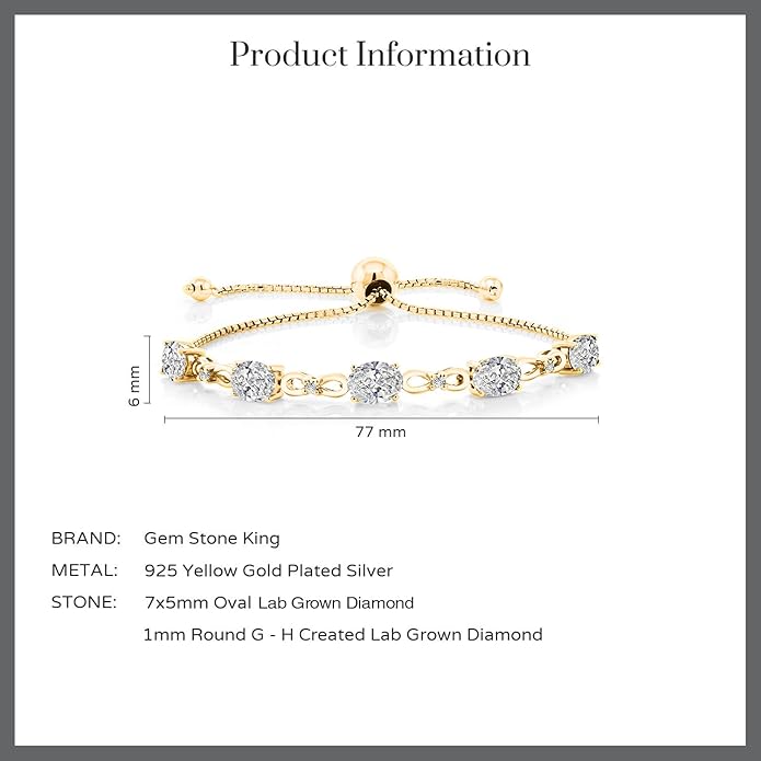 Gem Stone King 7X5MM Oval Cut Gemstone Birthstone and Accent Lab Grown Diamond Tennis Bracelet For Women In 18K Yellow Gold Plated Silver | Adjustable Bolo Bracelet For Women | Easy-On Easy-Off