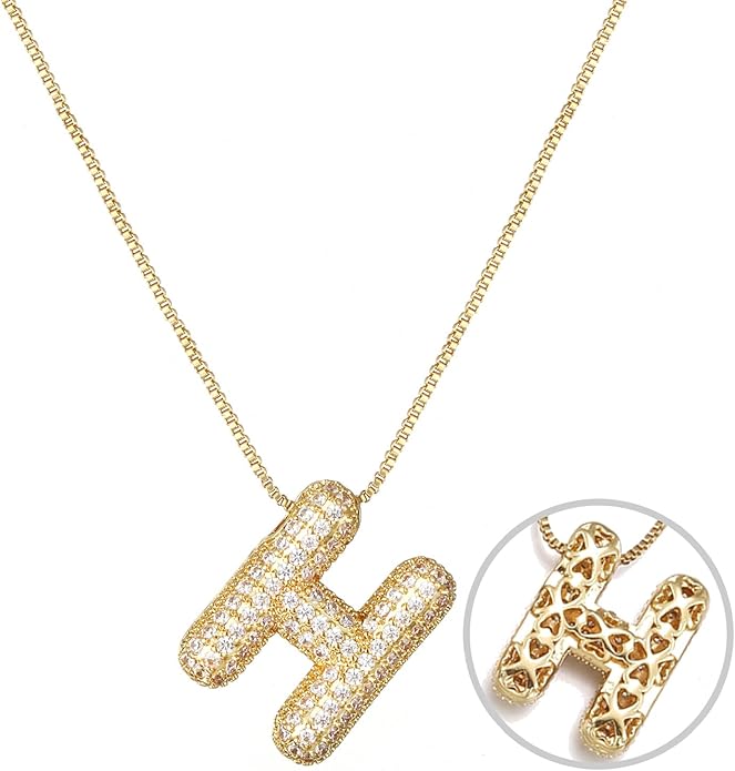RWQIAN Letter Necklace for Women Bubble, Chunky Initial Alphabet A-Z Pendant Puffy Name Personalized Necklace Dainty Zircon CZ Fashion Jewelry Gifts for Girls Girlfriend