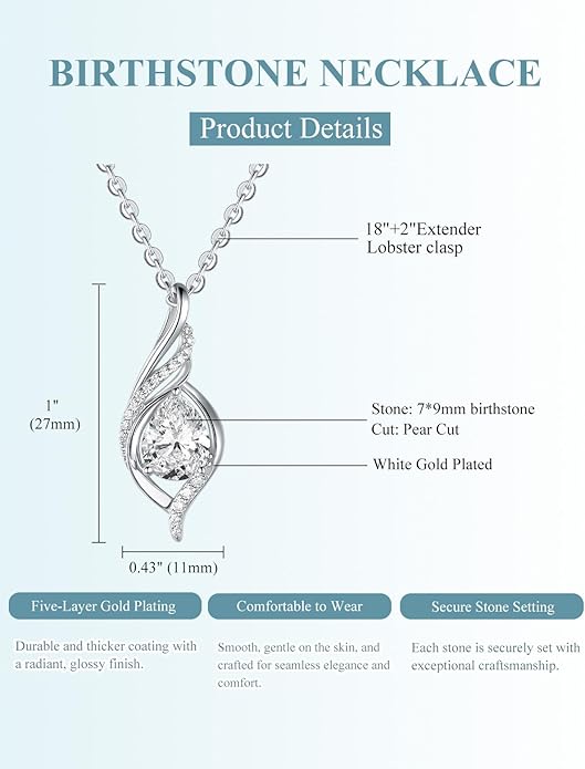 Birthstone Necklaces for Women Infinity Pendant S925 Sterling Silver Teardrop Pendant Necklace Anniversary Birthday Gifts for Women Wife Christmas Gifts for Her Mom Lady
