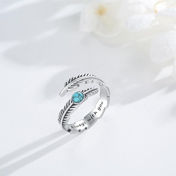 Turquoise/Moss Agate/Moonstone/Black Onyx/Lapis Lazuli/Labradorite/Tiger Eye Feather Ring 925 Sterling Silver Adjustable Ring Western Thumb Rings Vintage Jewelry Gifts for Women