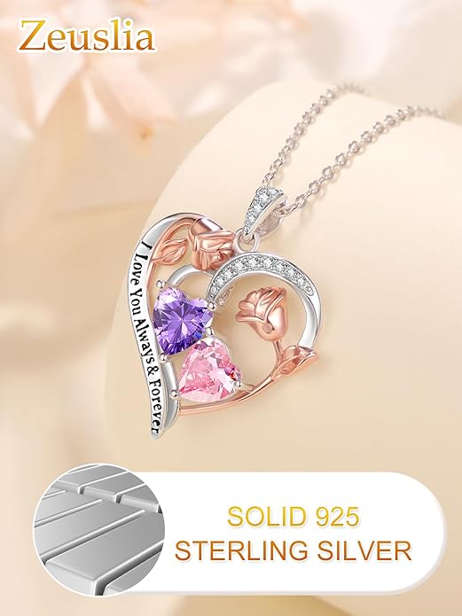 Valentine's Day Gifts for Wife 925 Sterling Silver Double Birthstone Pendant Necklaces I Love You for Always and Forever Necklace Anniversary Birthday Gifts for Wife Girlfriend Mom Her