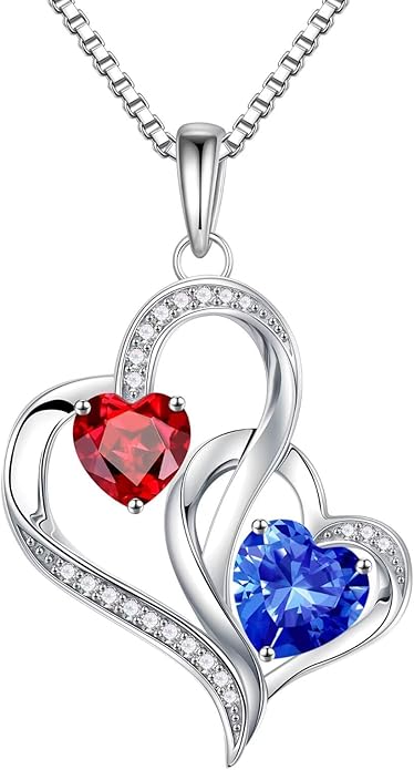 Iefil Valentines Day Gifts for Her - 925 Sterling Silver Double Birthstone Necklace, Heart Necklaces for Women, Anniversary Birthday Gifts, Personalized Jewelry Gift for Wife Mom Girlfriend