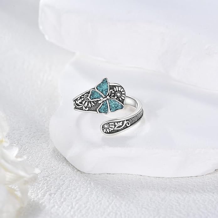 VONALA Vintage 925 Sterling Silver Butterfly Ring with Crushed Turquoise, Modern Vintage Women's Jewelry, Elegant Gift for Her,Adjustable Size 6–8