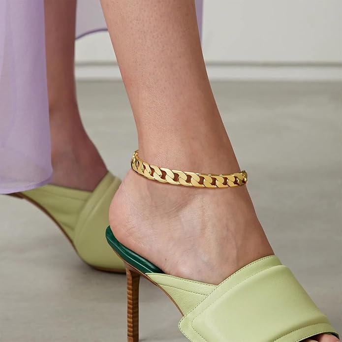 KissYan Gold Ankle Bracelets for Women, 14K Gold Anklets Chunky Cuban Link Chain Summer Beach Foot Jewelry Gifts for Women