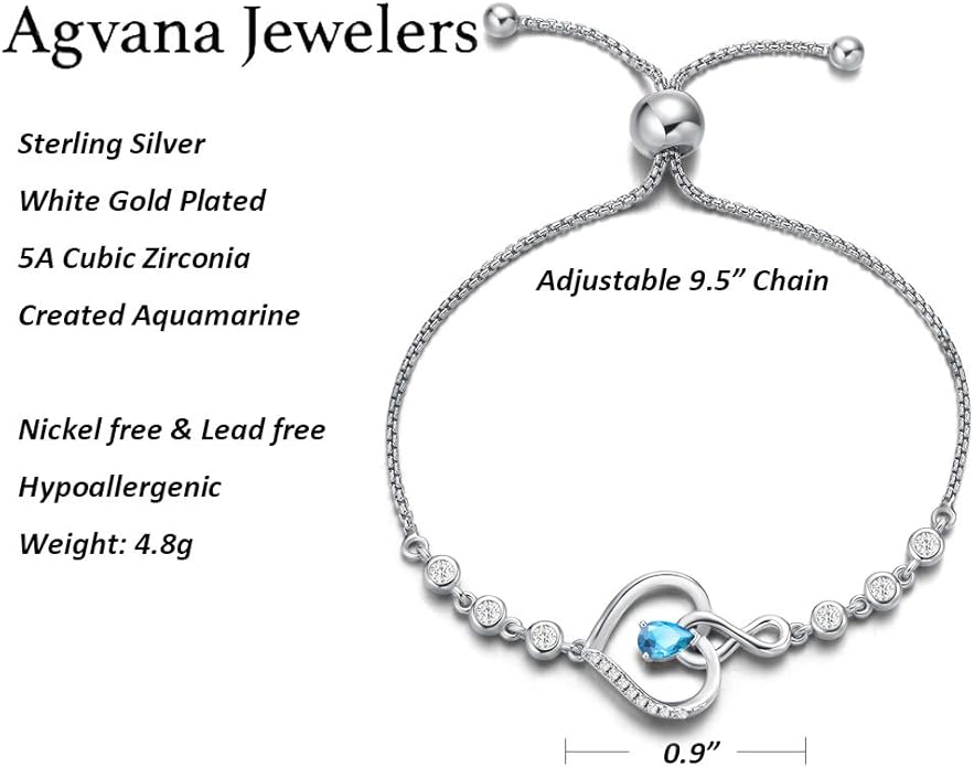 AGVANA Valentines Day Gifts Heart Birthstone Bracelets for Women Sterling Silver Genuine or Created Gemstone Tennis Bracelet Infinity Love Jewelry Anniversary Birthday Gifts for Wife Mom Women