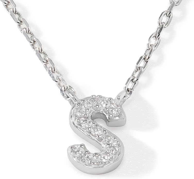 JTV Sterling Silver Initial Necklace for Women, 0.13 CTW White Cubic Zirconia Letter Pendant, Rhodium-Plated, Personalized Monogram Jewelry, Gift Box Included, 18”