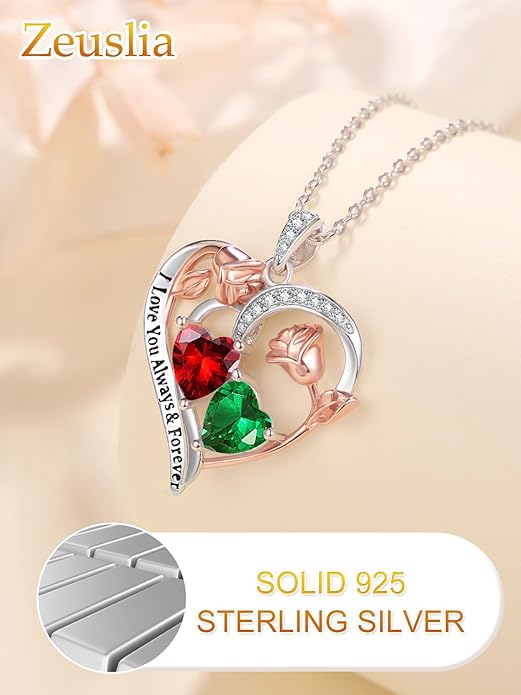 Valentine's Day Gifts for Wife 925 Sterling Silver Double Birthstone Pendant Necklaces I Love You for Always and Forever Necklace Anniversary Birthday Gifts for Wife Girlfriend Mom Her