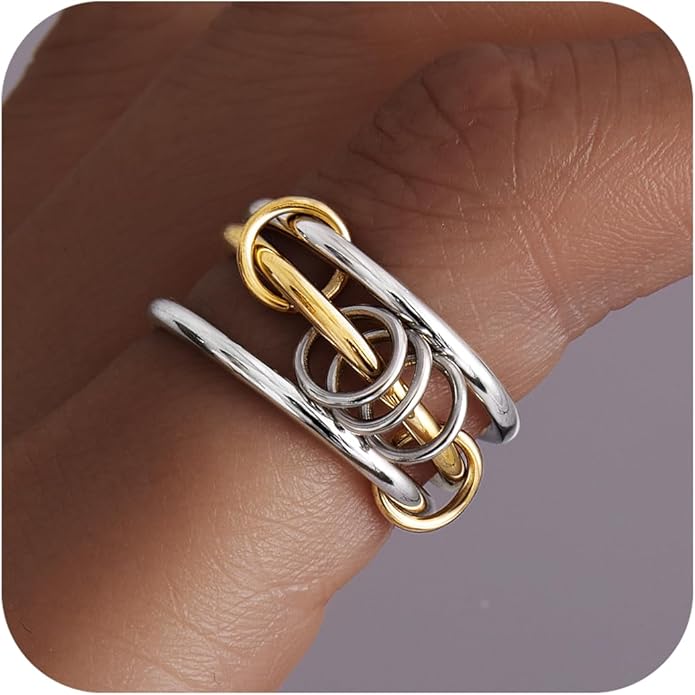 Gelbesty Stackable Gold Silver Band Rings for Women, Statement Chunky Cubic Zirconia Rings, Fashion Unique Designer Mixed Metal Jewelry Size 5/6/7/8/9/10/11