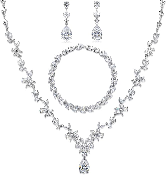 Hadskiss Jewelry Set for Women, Necklace Dangle Earrings Bracelet Set with White AAA Cubic Zirconia, Allergy Free Wedding Party Jewelry for Bridal Bridesmaid