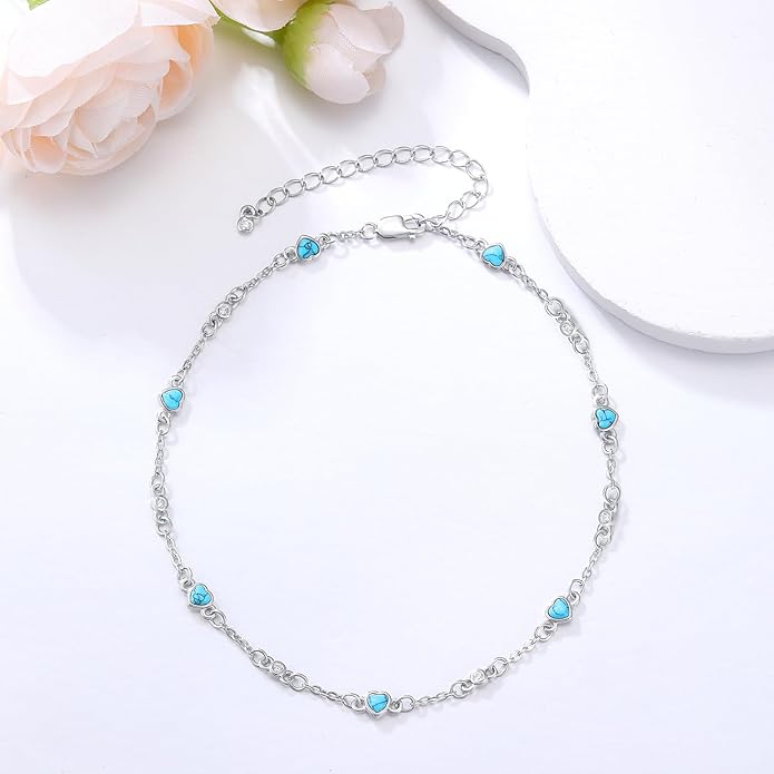 Anklet Bracelet for Women 925 Sterling Silver Natural Stone Chain Ankle Bracelet Beach Summer Fine Jewelry Valentines Day Birthday Gifts for Her Mom Wife