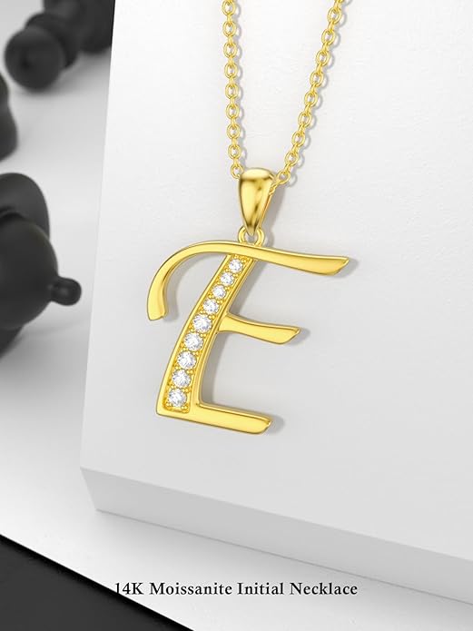 14k Gold Initial Necklace for Women, Solid Gold Moissanite Letter Pendant Necklaces Jewelry for Her Birthday Valentines Day Gifts for Mom Wife Christmas Gifts for Girlfriend Sister